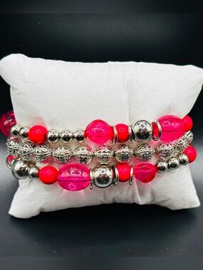 Brand new Bright Neon Pink and Silver Beaded Stretch Bracelet Stack